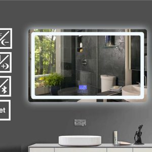 Designer LED Bathroom Mirror with Touch Control Sensor, Anti Fog Demister Pad, Date, Time, Temperature, Bluetooth with Speaker Features 600 x 1000 mm
