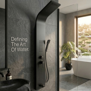 Thermostatic Shower Tower Panel Column Tower- Rainfall, Waterfall ,48 Body Jets, Bath Spout & Hand Drencher 5 in 1 – Black Finish