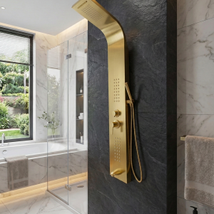 Thermostatic Shower Tower Panel Column Tower- Rainfall, Waterfall ,48 Body Jets, Bath Spout & Hand Drencher 5 in 1 – Brushbrass Finish