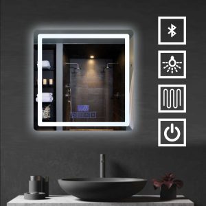 Designer LED Bathroom Mirror with Touch Control Sensor, Anti Fog Demister Pad, Date, Time, Temperature , Bluetooth with Speaker Features 600 x 600 mm