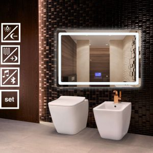 DesignerLED Bathroom Mirror with Touch Control Sensor, Anti Fog Demister Pad, Date, Time, Temperature, Bluetooth with Speaker Features 600 x 800 mm