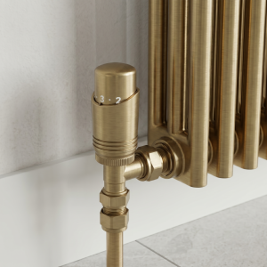 Designer Gold Thermostatic Angled Radiator Valves with Lockshield