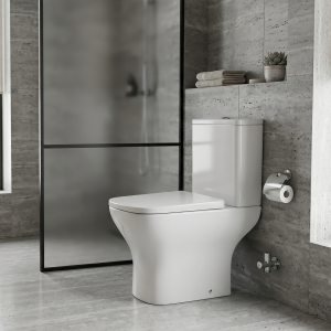 Fusion Square Rimless Close Coupled Toilet Pan, Cistern with Ultra Slim Soft Close Seat P Trap