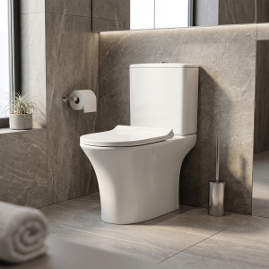 Fusion Round Rimless Close Coupled Toilet Pan, Cistern with Ultra Slim Soft Close Seat P Trap