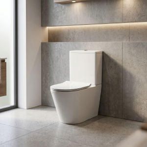 Solo Rimless Round Back to Wall Toilet Pan, Cistern with Soft Close Seat P Trap