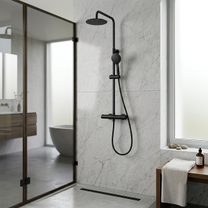 Round Thermostatic Bar Shower Mixer 8″ Black Head Shower and Hand Drencher Set