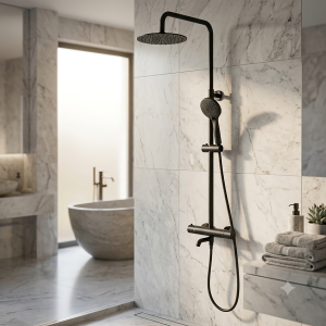Round Thermostatic Bar Shower Mixer 8″ Black Head Shower, Hand Drenches & Bath Spout Set
