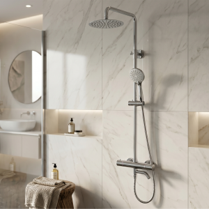 Round Thermostatic Bar Shower Mixer 8″ Chrome Head Shower, Hand Drenches & Bath Spout Set