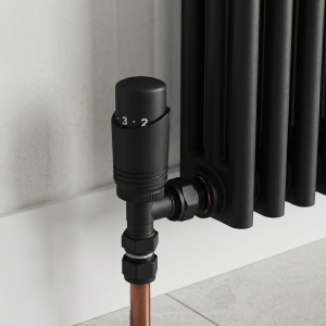 Designer Black Thermostatic Angled Radiator Valves with Lockshield