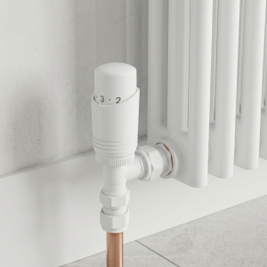 Designer White Thermostatic Angled Radiator Valves with Lockshield