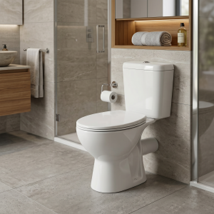 Alpha Rimless Standard Round Open Back Toilet Pan, Cistern with Soft Close Seat P Trap