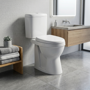Lexa Rimless High Comfort Round Open Back Toilet Pan, Cistern with Soft Close Seat P Trap